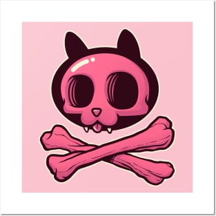 Cute Pink Cartoon Cat Skull & Bones Adorkable Kitten Posters and Art